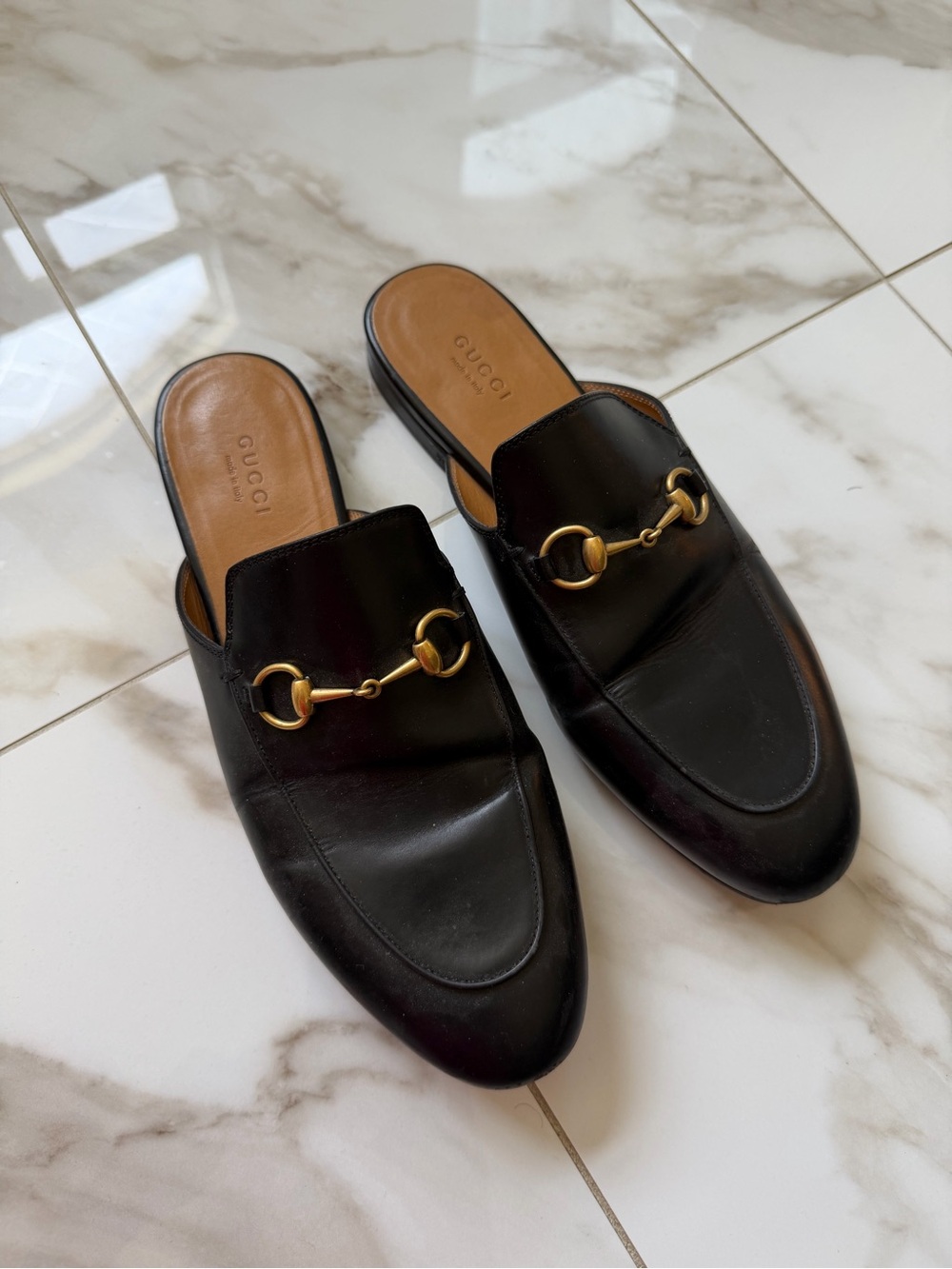 Gucci Black Leather Princeton Slip-On Horsebit Mules with Gold Hardware
